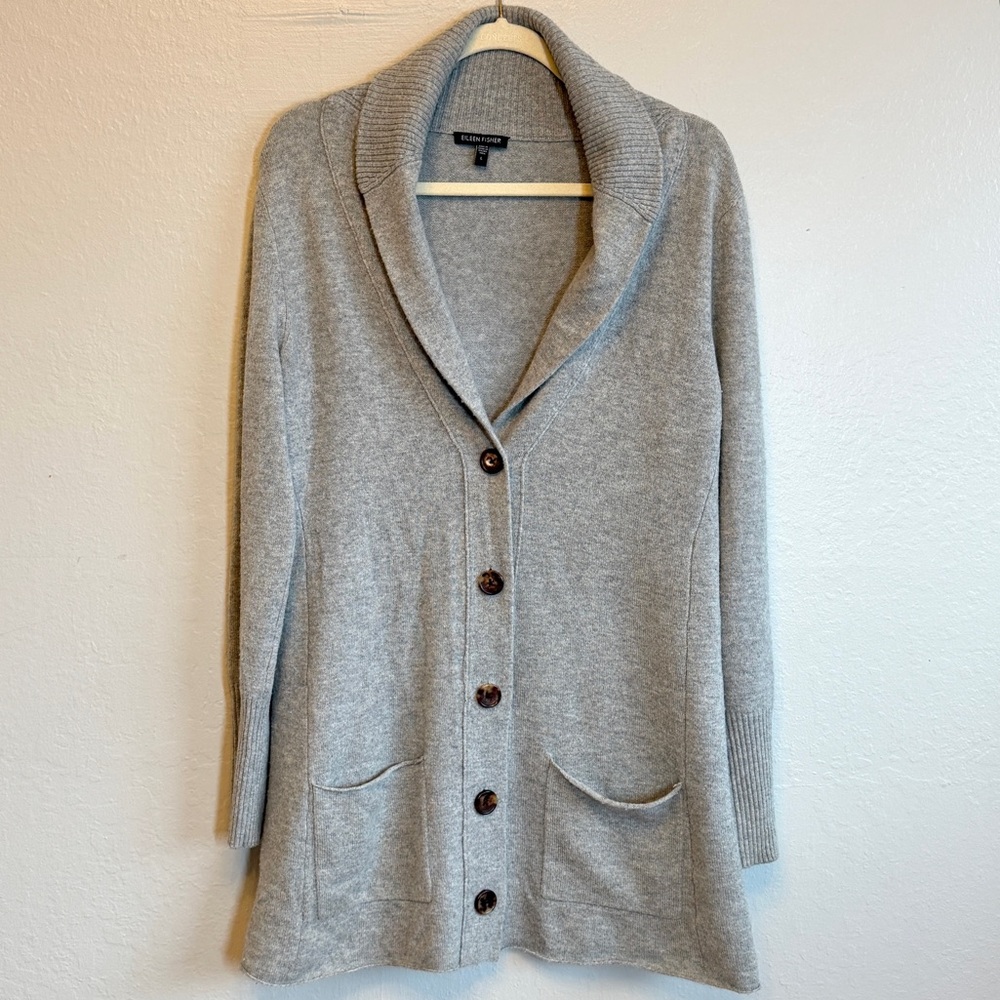 Eileen Fisher Cashmere Merino Wool Blend Cardigan Minimalist Grey Size L